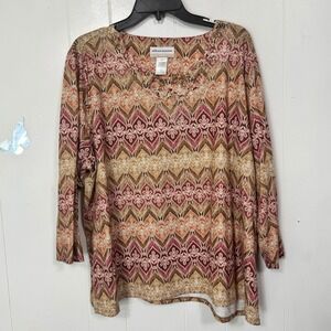 Alfred Dunner Womans Size 2X Tunic Top Long Sleeve Embellished Colorful Print